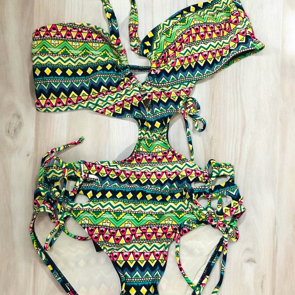 Green Multi Color Cut Out One Piece Monokini Bathing Suit - Picture 6 of 8